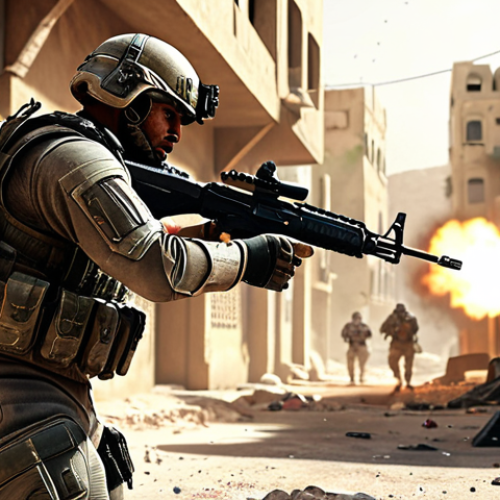 Home 11 ** A futuristic soldier intensely battling enemies in a war-torn Middle Eastern city, Call of Duty style, with realistic graphics and dynamic lighting.
**