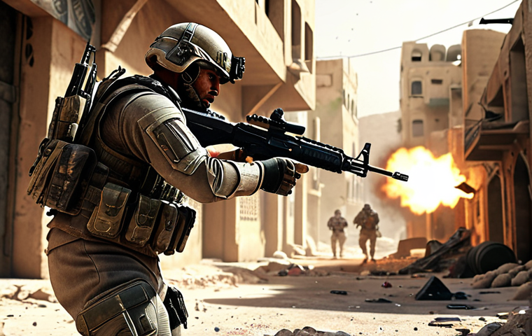 ** A futuristic soldier intensely battling enemies in a war-torn Middle Eastern city, Call of Duty style, with realistic graphics and dynamic lighting.

**