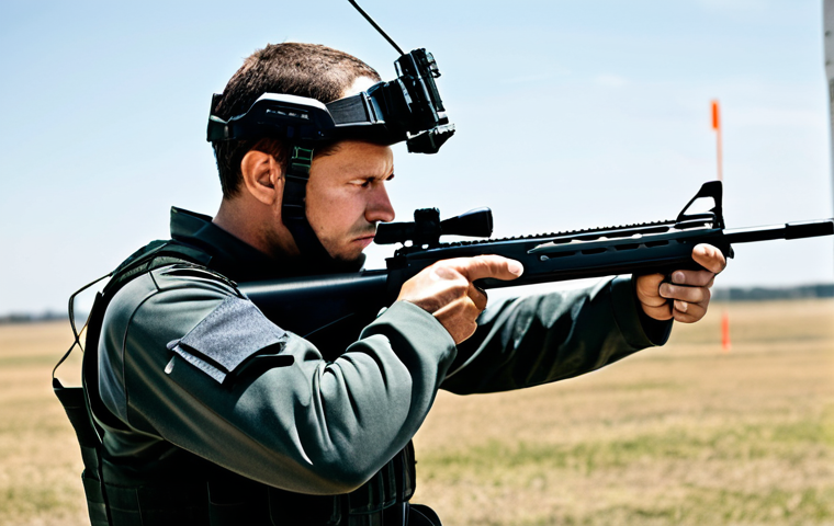 A focused male professional in a modest, modern tactical training attire, demonstrating a stable shooting stance. He holds an inert, non-firing rifle in a controlled outdoor training range. The background shows a vast, slightly hazy open field under a soft sky, hinting at environmental factors. The individual's posture emphasizes balance and control, reflecting intense physical and sensory training. Shot in a documentary photography style, with natural lighting. fully clothed, appropriate attire, safe for work, professional, perfect anatomy, correct proportions, natural pose, well-formed hands, proper finger count, natural body proportions, appropriate content, family-friendly.