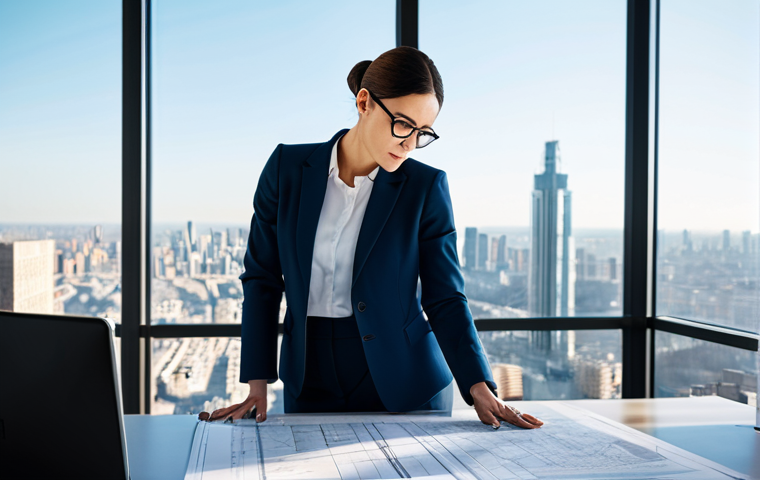 현존하는 FPS의 그래픽 엔진 기술 - ** "A professional female architect in a modern, sunlit office, reviewing blueprints. She is wearin...
