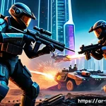 게임패스에서 즐길 수 있는 FPS - A highly detailed futuristic battle scene set in a sprawling sci-fi cityscape at dusk, featuring div...