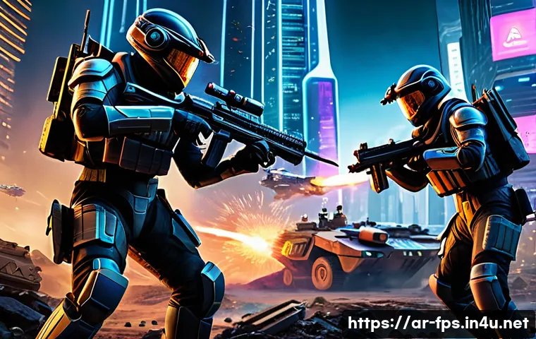 게임패스에서 즐길 수 있는 FPS - A highly detailed futuristic battle scene set in a sprawling sci-fi cityscape at dusk, featuring div...