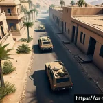 FPS에서 생존률 높이는 이동 전략 - A detailed first-person shooter game scene set in a complex urban map inspired by Middle Eastern arc...
