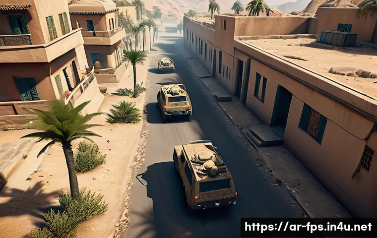 FPS에서 생존률 높이는 이동 전략 - A detailed first-person shooter game scene set in a complex urban map inspired by Middle Eastern arc...