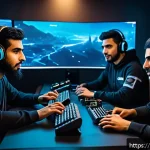 FPS 게임에서 클랜 시스템 활용법 - A dynamic and immersive esports team scene featuring a diverse group of Arab gamers communicating in...
