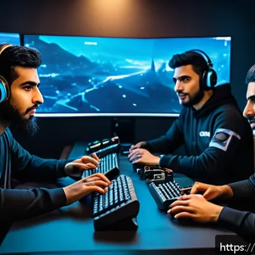 FPS 게임에서 클랜 시스템 활용법 - A dynamic and immersive esports team scene featuring a diverse group of Arab gamers communicating in...