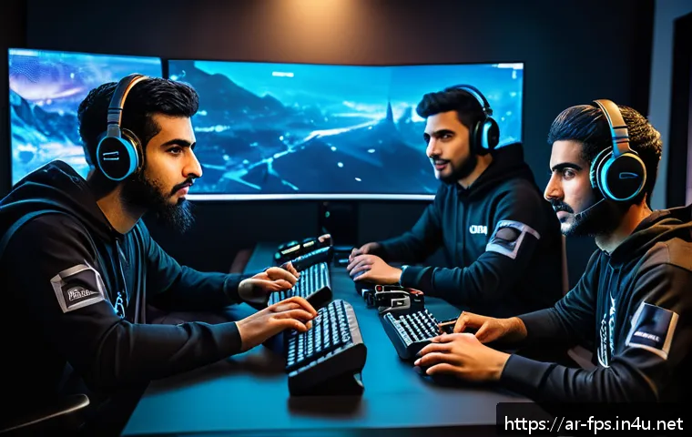 FPS 게임에서 클랜 시스템 활용법 - A dynamic and immersive esports team scene featuring a diverse group of Arab gamers communicating in...