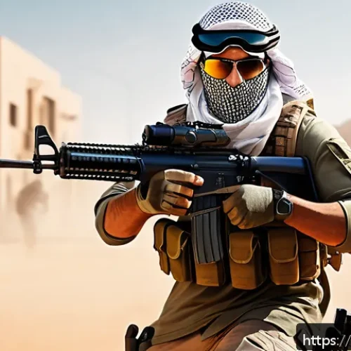 게임 내에서 사용하는 무기별 특성 분석 - A dynamic digital artwork showcasing a skilled Arab gamer in a modern urban environment, holding a l...