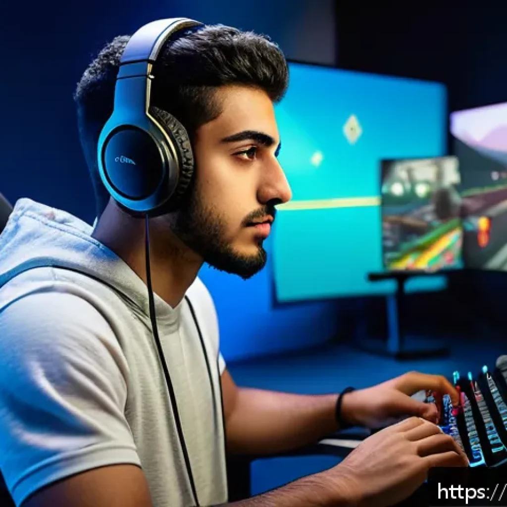 FPS 게임의 반응속도 향상 트레이닝 - A focused young Arab male gamer sitting in a modern, well-lit gaming room designed with balanced amb...