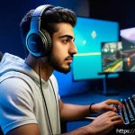 FPS 게임의 반응속도 향상 트레이닝 - A focused young Arab male gamer sitting in a modern, well-lit gaming room designed with balanced amb...