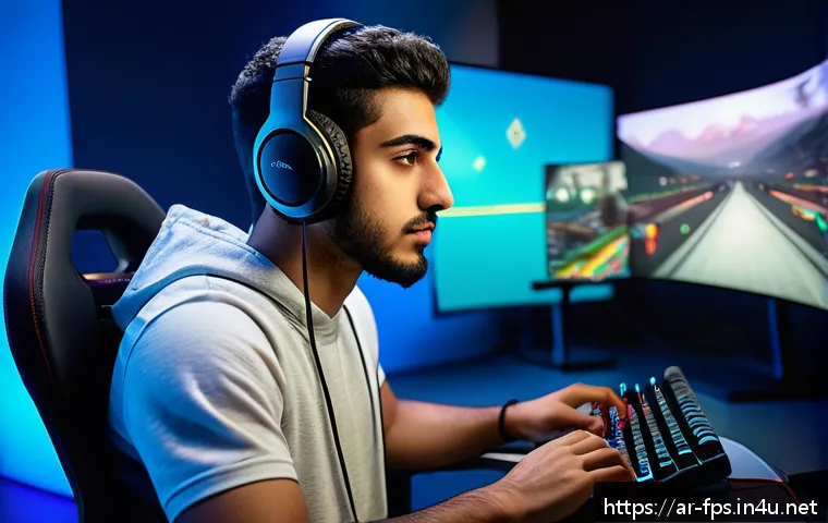 FPS 게임의 반응속도 향상 트레이닝 - A focused young Arab male gamer sitting in a modern, well-lit gaming room designed with balanced amb...