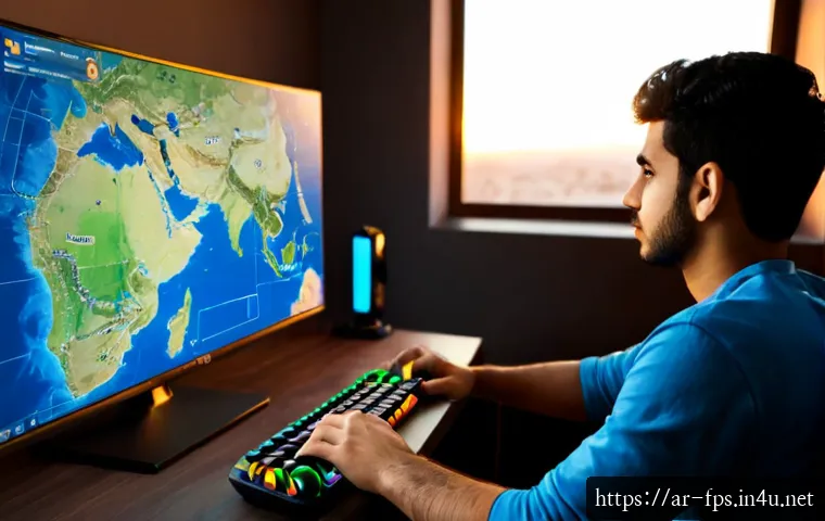 FPS의 미니맵 활용법과 전략적 시야 확보 - Photorealistic over-the-shoulder view of an Arab young adult gamer at a clean modern desk, focused o...